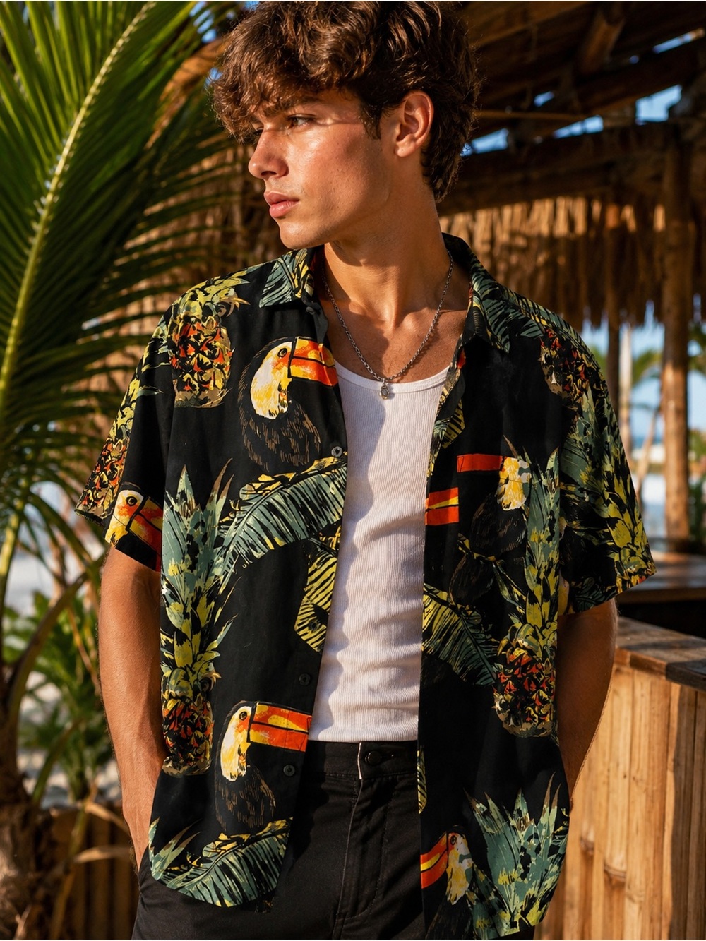 Toucan Hawaiian Shirt Tropical Pineapple Resortcore Button Up Large